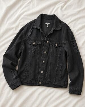 Women's M Black Distressed Denim Trucker Jacket Oversized Grunge